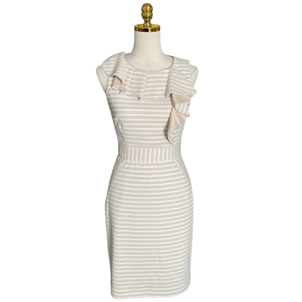 ANTONIO MELANI Women's Cream Striped Sleeveless Ruffled Sheath Office Dress Sz 2